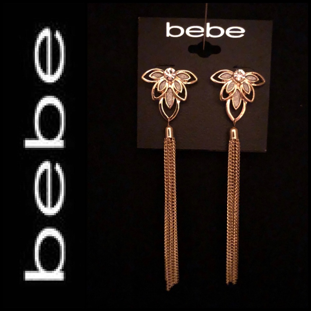 Bebe GT Silver Glitter Chain Tassel Earrings